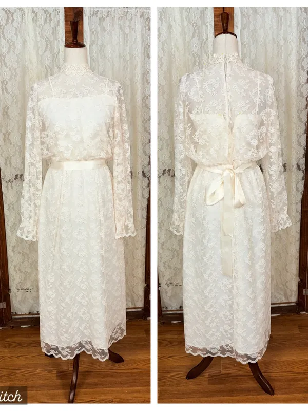 Beautiful Vintage 1960s/70s Ivory Lace Tea Length Wedding Dress - Image 2