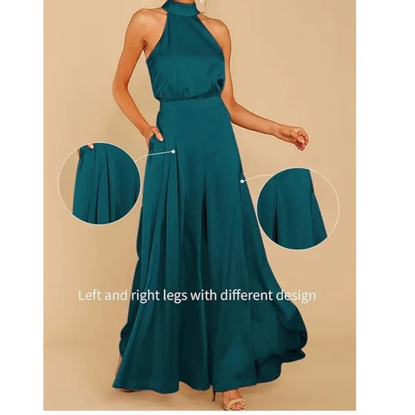 NEW Satin Sleeveless Halter Jumpsuit Pockets Wide Leg L - Image 5
