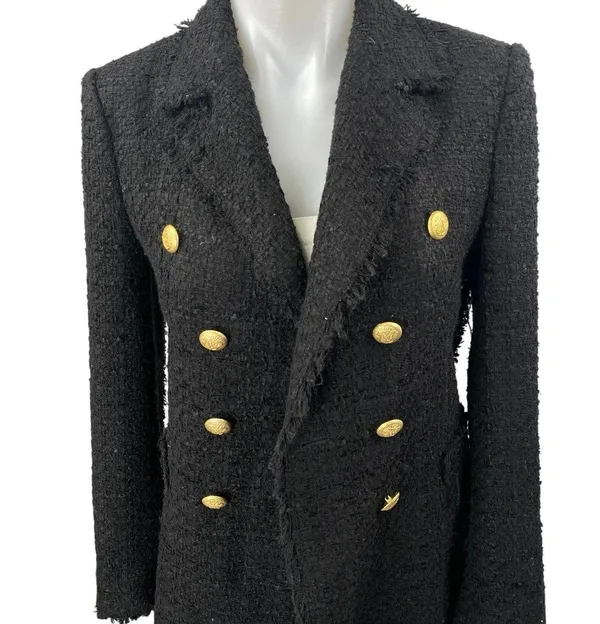 Zara Womens Black Tweed Fringe Double Breasted Military Trench Overcoat Jacket S - Image 3