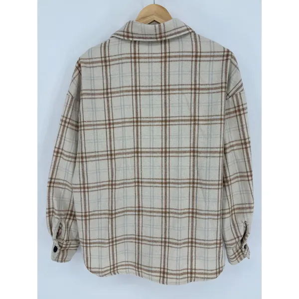 Plaid Shacket Women Medium Tan Oversized Flannel Button Up Shirt Neutral Cozy - Image 4