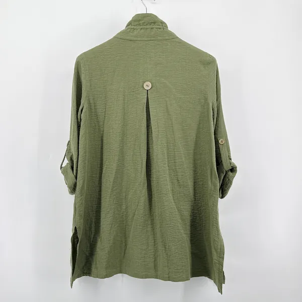 JOHN MARK Olive Green Textured‎ Button Front Shirt Tunic Top Size Small Roll Tab - Image 7