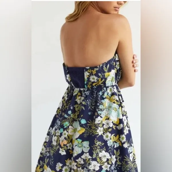 Anthropologie | Floral Ruffled Strapless Blue A-Line Dress, Size M - Image 3