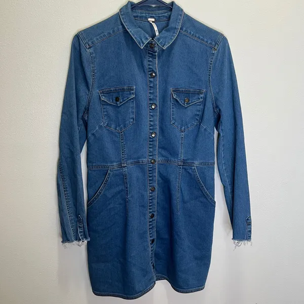 Free‎ People Denim Button Front Mini Dress Medium Wash Long Sleeve Blue Small FP - Image 9