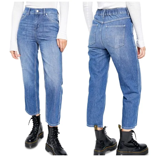 Free People Chloe Baby Barrel Jeans Women XS‎ Blue Boho Elastic Back Distressed - Image 2