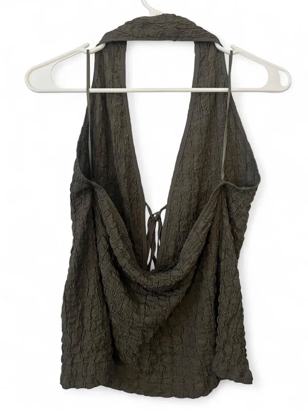 Zara olive green crinkle textured tie front halter tank top size large - Image 2