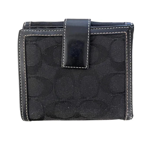 Coach Vintage Black Signature Jacquard Bifold Wallet Leather Trim Monogram Snap - Image 2
