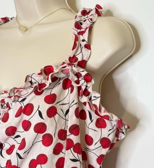 Reformation Bayley Cherry Linen Tank Top Lace Up Corset Ruffle Size 12 Coquette - Image 6