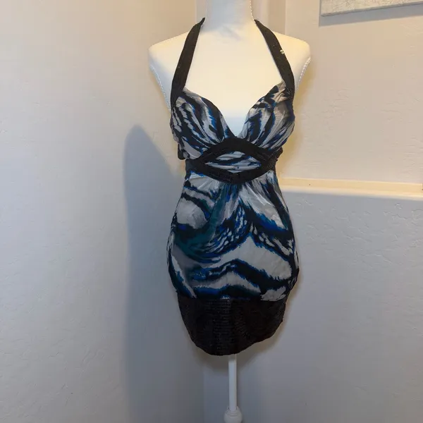 Bebe‎ 100% Silk Halter Mini Dress XS Turquoise Spotlight Y2K - Image 7