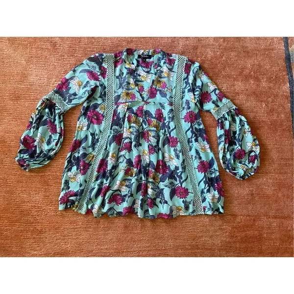 RD + Koko Anthropologie Blue Long Sleeved Teal Floral Printed Top” - Image 3