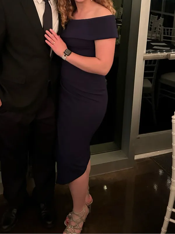 Betsy Adam Navy One-Shoulder Ruffle Sheath Dress - Image 6