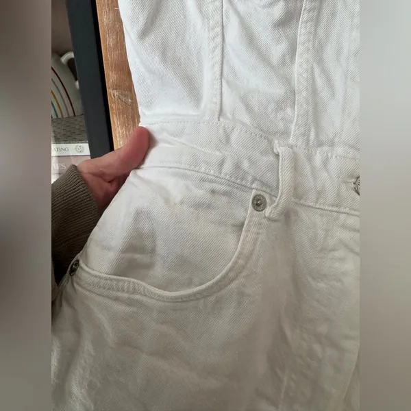 Zara denim playsuit romper button up utility short sleeves white cream collar - Image 8