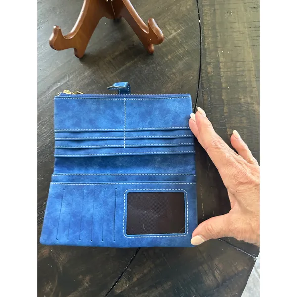 Friend Blue Faux Suede Long Bifold Wallet Gold Tone Hardware Zipper Pocket - Image 5