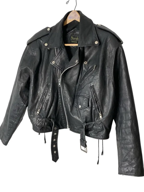 VINTAGE SARAH Black Leather Moto Jacket Size L - Image 7
