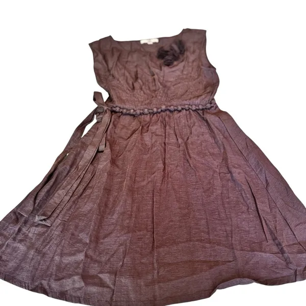 YA Los Angeles Bronze Brown Rosette Shoulder Mini Dress Medium Elastic Waist Tie - Image 8