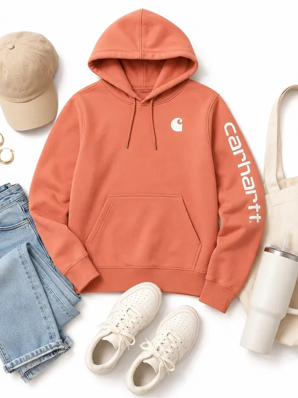 Carhartt Rose Clay Logo Sleeve Hoodie XS Relaxed Fit Pullover Sweatshirt Top EUC - Image 3