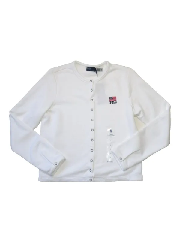 NWT Polo Ralph Lauren Logo Flag French Terry Cardigan in White Sweater S - Image 3