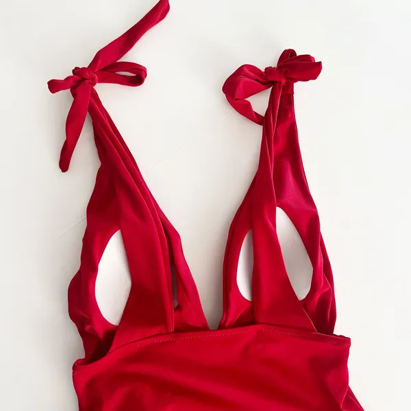 [Yolipuli] Red One Piece Convertible Swimsuit Bow Straps V-Neck Ruched Sz Large - Image 6