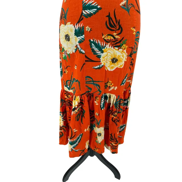 Urban Outfitters Carmen Orange One Shoulder Linen Knit Floral Midi Dress‎ XS - Image 4