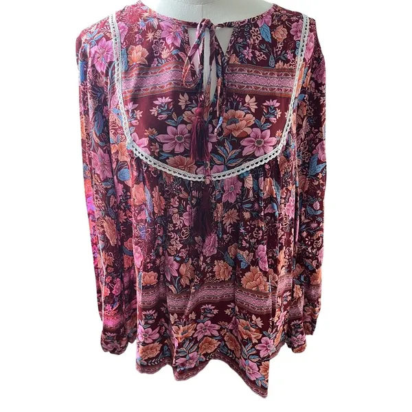Pretty Garden Boho Cottagecore Blouse Large Pink Floral Tie Neck‎ Peasant Top - Image 2