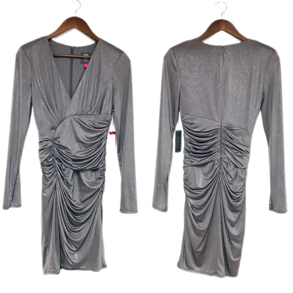 VINCE CAMUTO Silver Fitted‎ Cocktail Dress Size 2 Metallic Ruched Formal New - Image 2