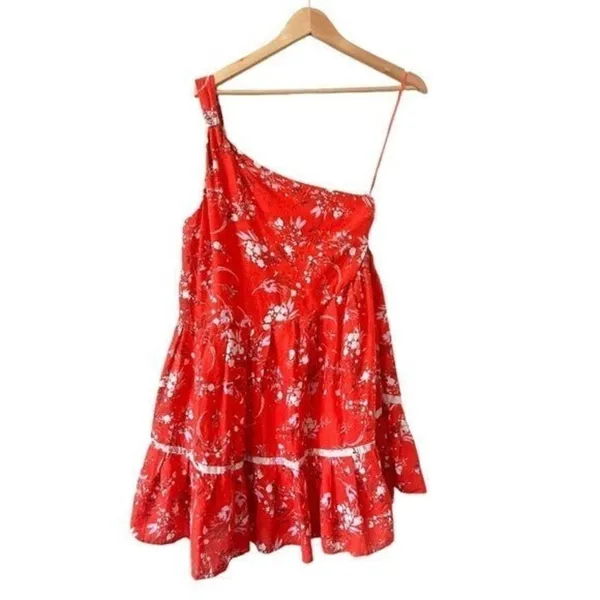 FREE PEOPLE All Mine Red Floral One Shoulder Ruffle Hem Mini Dress Size XS - Image 9
