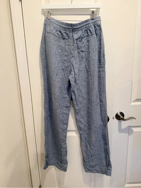 ATHLETA Retreat Linen High Rise Wide Leg Pant Blue Chambray Drawstring 8 Tall - Image 3