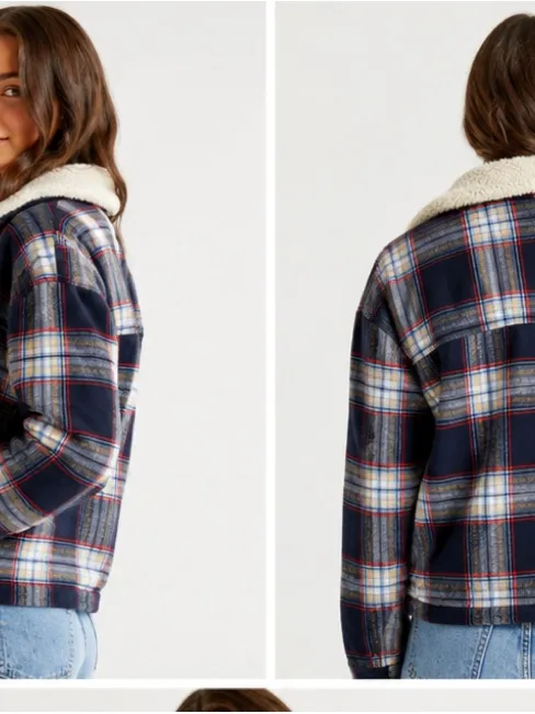 Aerie Cropped Plaid Sherpa-Lined Jacket in Navy - Image 8