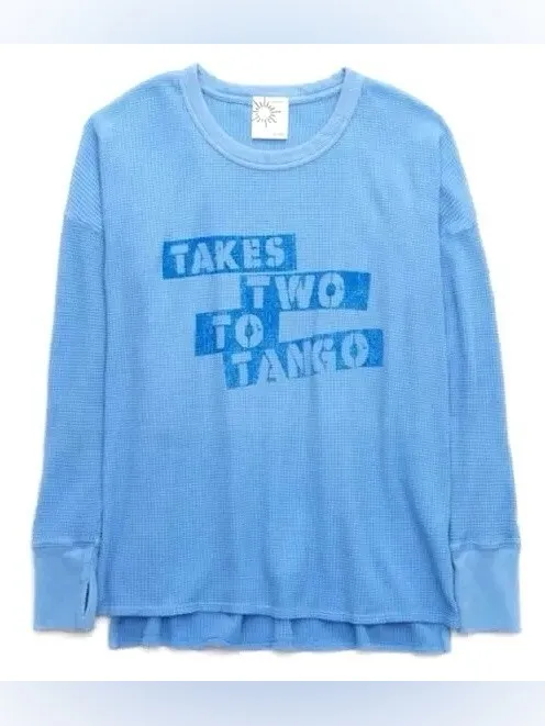 Aerie Offline Blue Oversized Takes Two To Tango Graphic Waffle Knit Top - size L - Image 10