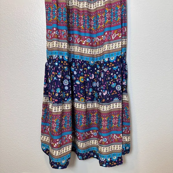 Umgee Size-L Boho Tiered Maxi Dress‎ | Blue Floral Paisley - Image 10