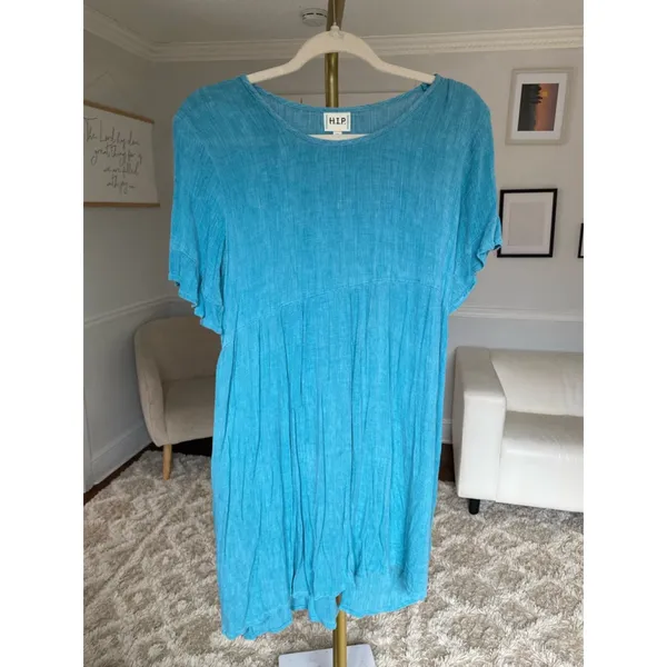 H.I.P. Blue Babydoll Mini Dress Gauze Boho Coastal Core‎ XS Cottagecore Summer - Image 2