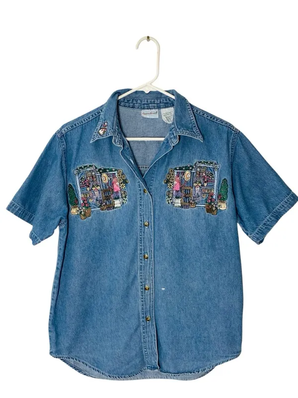 VINTAGE BOBBIE BROOKS Garden Embroidered Denim Shirt - Image 3