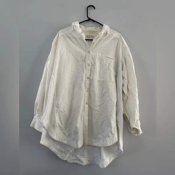 Free People Over Size Button Down Shirt Flannel Blouse Cotton White Cream Size M - Image 2