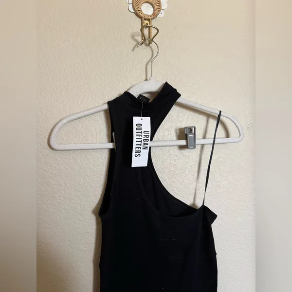 Urban Outfitters Asymmetrical Halter Neck Ribbed Flare Jumpsuit Sz L NEW black‎ - Image 3