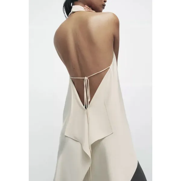 Zara Woman ZW Collection Halter Open Back Top Festival Flowy Satin Ivory - Image 9