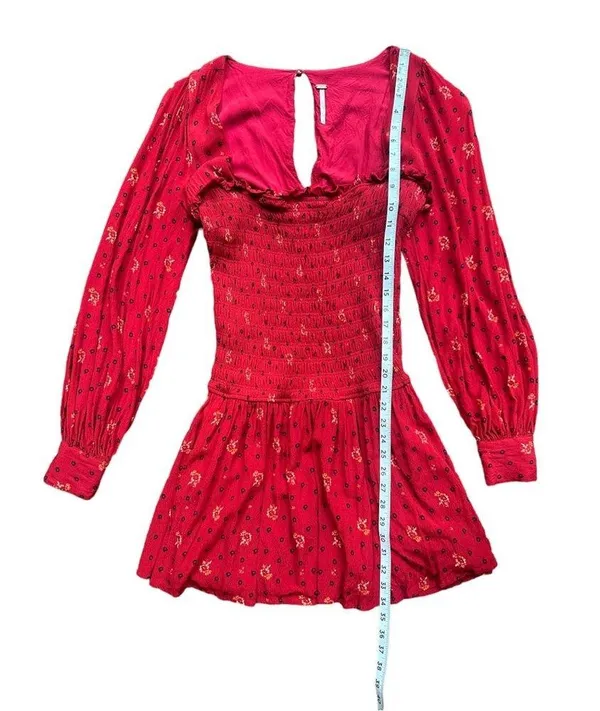Free People Red Two Faces Printed Floral Boho Mini Dress Smocked Balloon Sleeve - Image 7