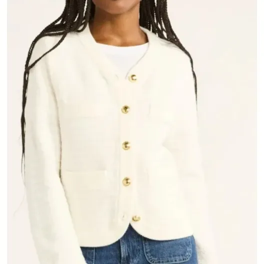 Free Assembly Womens Sweater Cardigan XS Cream Welt Pocket Lightweight Classic - Image 7