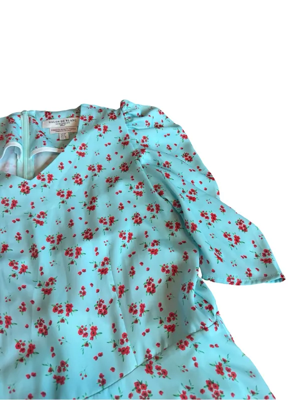 Galon De Blanc Aqua Floral Puff Sleeve Maxi Dress V Neck Ditsy Size 6 Women's - Image 2