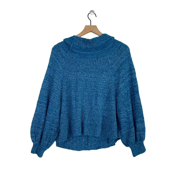 Free People Edessa‎ Off the Shoulder Blue Pullover Balloon Sleeve Knit Sweater M - Image 3