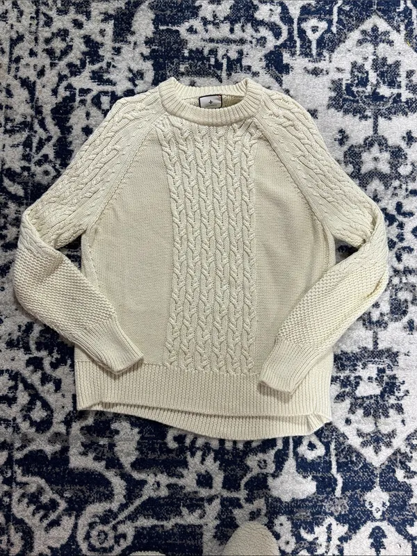 Tuckernuck Ivory Cable-Knit fisherman wool Crew neck Sweater sz L - Image 8