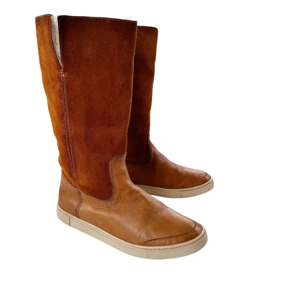 Frye Gemma Tall Shearling Boots Suede and Leather Cognac Size 8.5 - Image 2