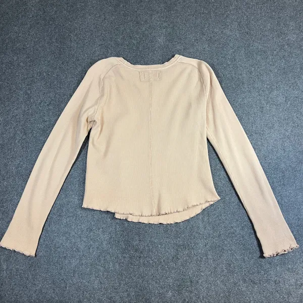 We The Free Free People Tan Waffle Knit Thermal‎ Long Sleeve Lettuce Hem Top M - Image 2