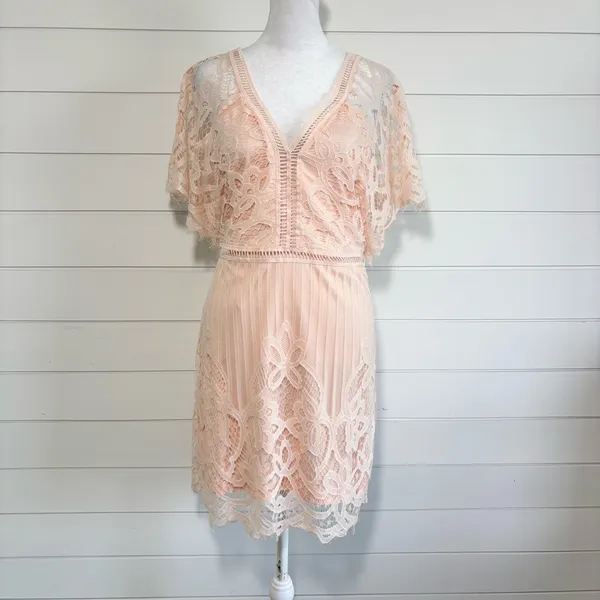Boohoo Peach Lace Mini Dress Size‎ 10 V-Neck Sheer Sleeve Romantic - Image 2