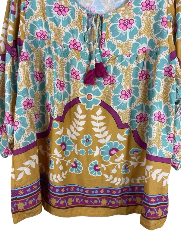 Natural Life Boho Floral Tassel Peasant Top M Mustard Teal Pink 3/4 Sleeve - Image 2