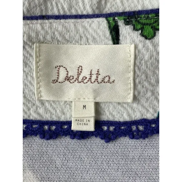 Anthropologie Deletta Haru Size Medium Floral Tunic Top Blue Green Puff Sleeve - Image 10