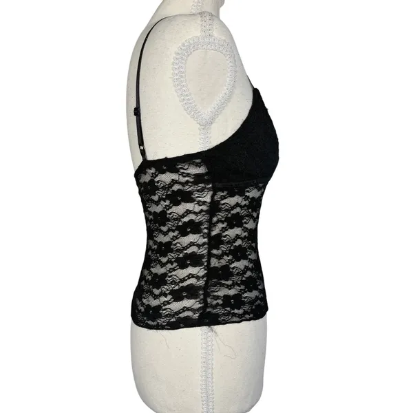 Black Lace Cami Womens XS Floral Sheer Mesh Bow V-Neck Adjustable Y2K Goth Top - Image 7