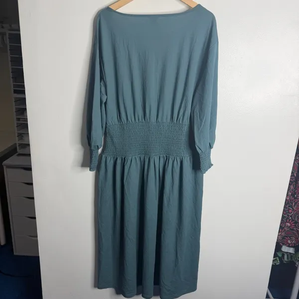 NWOT Ann Taylor Smocked Waist Flare Midi Dress Large Teal Casual Minimalist Work - Image 3