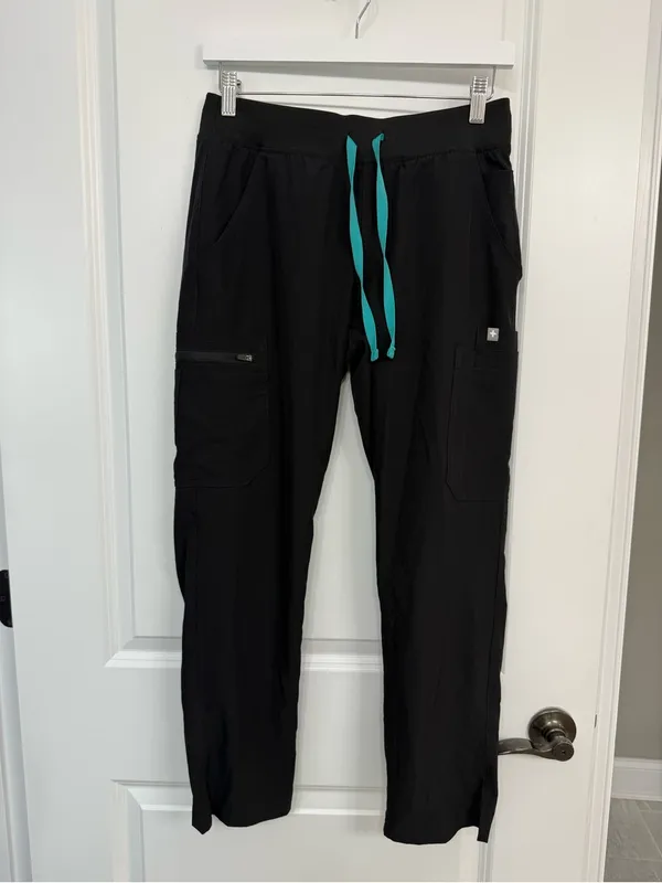 FIGS Technical Collection Black Cargo Scrub Pants Teal Drawstring S Petite - Image 3