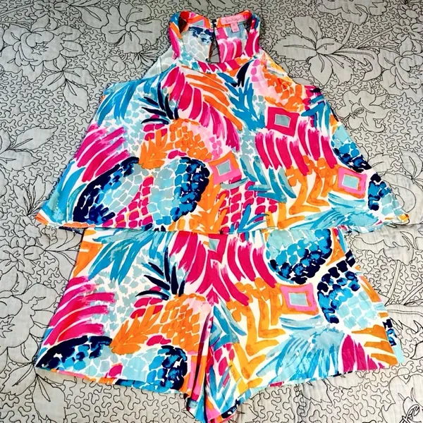 Lilly Pulitzer Edona Romper Goombay Smashed Pink Blue Orange Sz 00💛 - Image 4