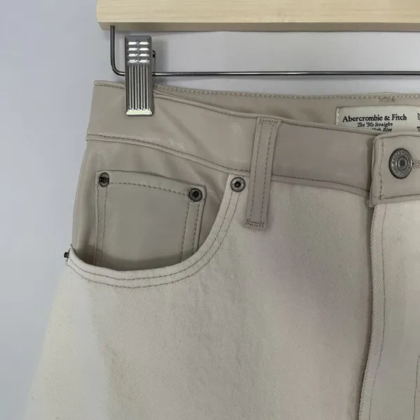 Abercrombie & Fitch white tan‎ leather topped straight leg jeans size 29 cotton - Image 3