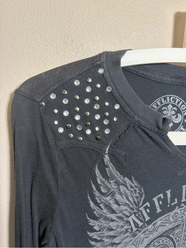 Affliction long sleeve tee studded rhinestones Live Fast black gray ombré - Image 5